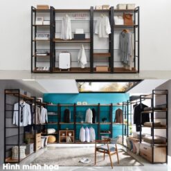 Hệ kệ quần áo khung sắt đợt gỗ hiện đại GHF-6347