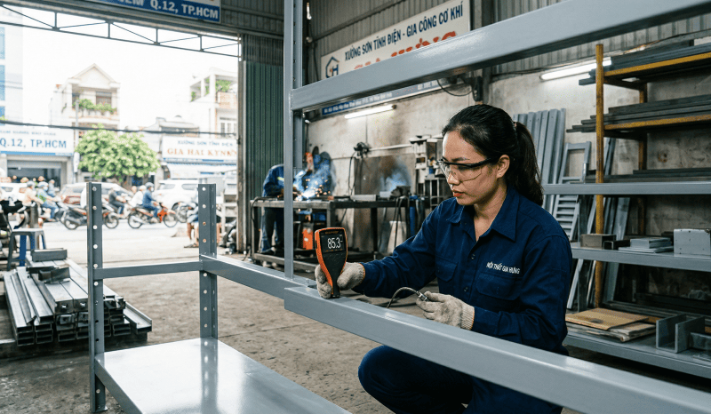 Kỹ thuật viên đo độ dày lớp sơn tĩnh điện trên giá đỡ thép bằng máy kỹ thuật số tại TP.HCM (1)